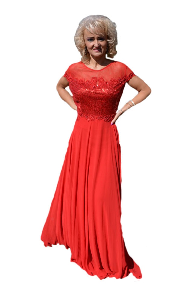 Rochie vaporoasa de ocazie din voal cu paiete, D&J Exclusive, Rosu