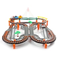Circuit 2 in 1 XXL 88 X 74 CM, 140 Piese cu Trenulet si Masinuta Electrice cu Pista de Mare Viteza pentru Tren si Masini, Pod Iluminat, "Rapid Transit" Race Track