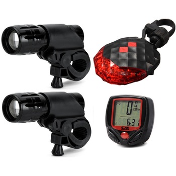 Doua faruri fata alloy focus zoom, stop spate laser, ciclocomputer, set complet bicicleta, negru Doua faruri fata alloy focus zoom, stop spate laser, ciclocomputer, set complet bicicleta, negru