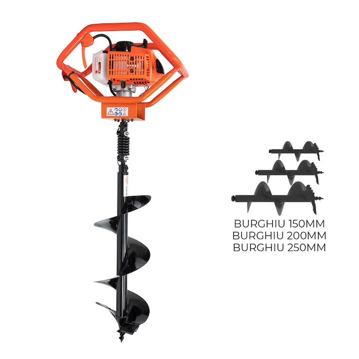 Motoburghiu pe benzina Ruris TT14, putere 3 CP, 68 CC, 2 timpi, motor TEZ,contine: 3 burghie cu diametrul 150/200/250 mm