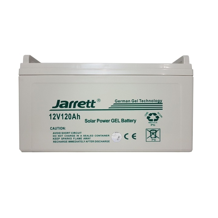 Jarret гел батерия с технология за дълбок цикъл, 12V-120Ah захранване, идеална за фотоволтаични панели, вятърни турбини, каравани, лодки, колички за инвалиди, UPS, бял цвят