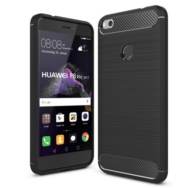 AZIAO szénálló tok Huawei P9 Lite 2017 / P8 Lite 2017 telefonokhoz, TPU jobb védelem, szálas kialakítás, ütésálló optimalizálás, hosszú távú tok, titán fekete