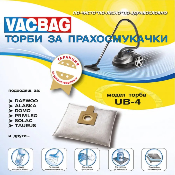Sac aspirator VACBAG UB4, 3 saci + 1 filtru, pentru aspiratoare Daewoo, Alaska, Domo, Privileg, Solac, Taurus