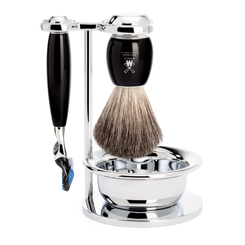 Set de barbierit cu aparat de ras compatibil Gillette Fusion si pamatuf Pure Badger cu par de bursuc si maner de rasina premium S 81 M 336 SF