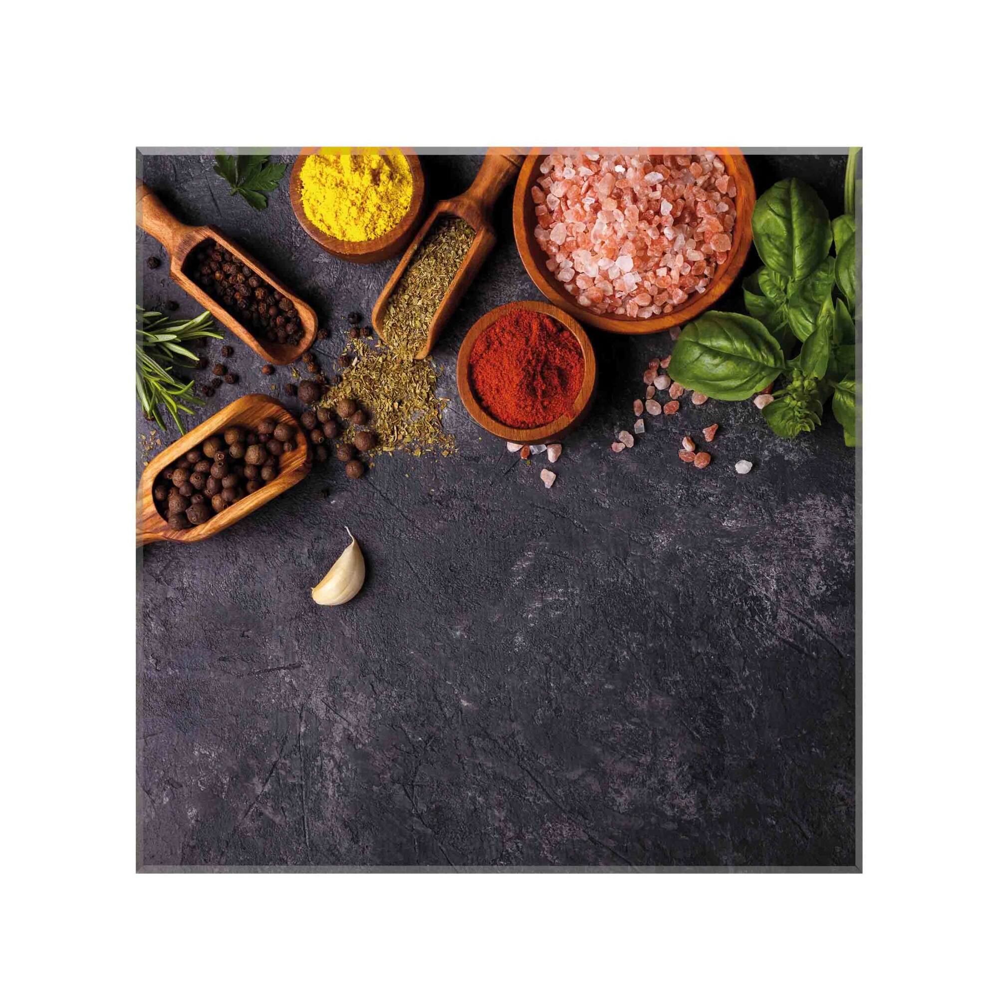 Sticla bucatarie securizata Saint Gobain Glass®, imprimata 65x65cm, protectie antistropire pentru aragaz, Ambra Deco, Condimente piatra