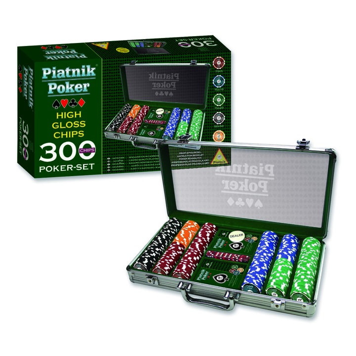 Професионален покер комплект Piatnik, 300 казино чипа (14 грама), 2 тестета карти за игра, 5 зара, Бутон за дилър