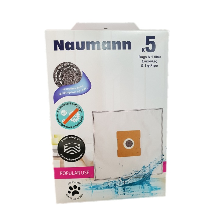 Синтетични торбички Naumann за прахосмукачки 10×11, NMPopularUse, (5 бр.+ 1 бр. филтър)
