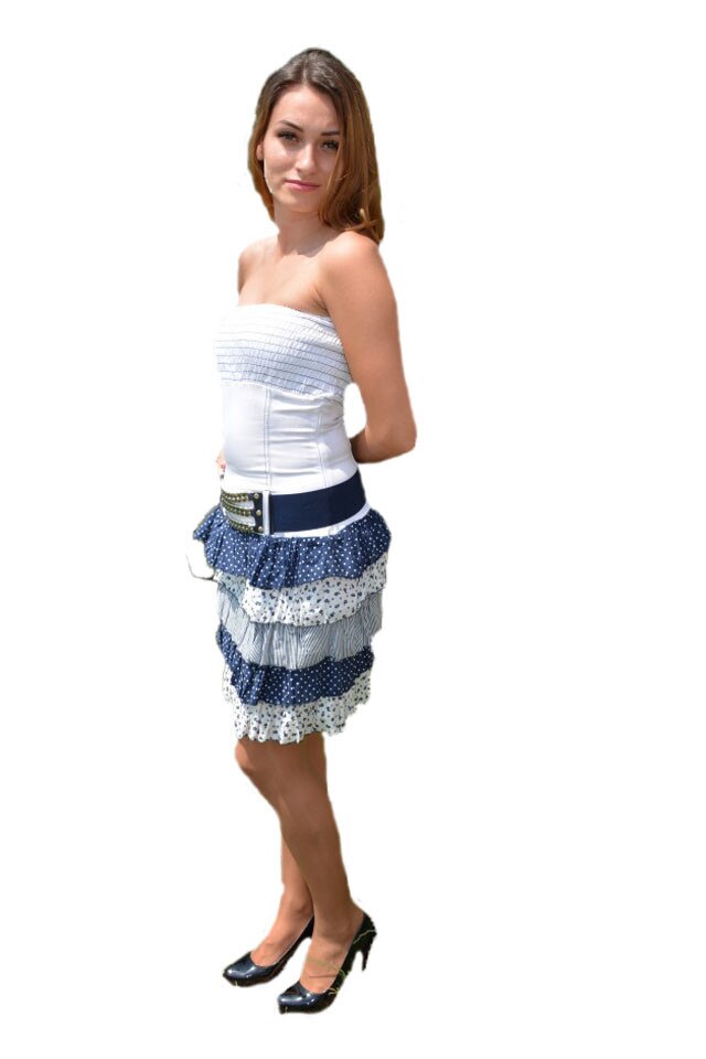 Rochie fara maneci cu volanase, D&J Exclusive, Alb-bleumarin