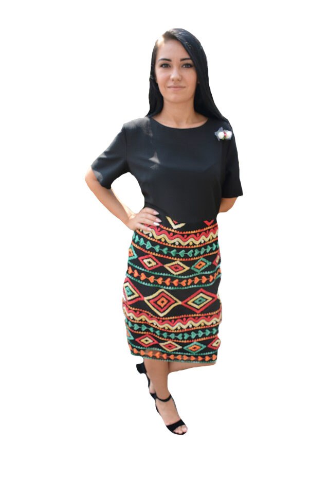 Rochie de zi cu imprimeu traditional, D&J Exclusive, Negru