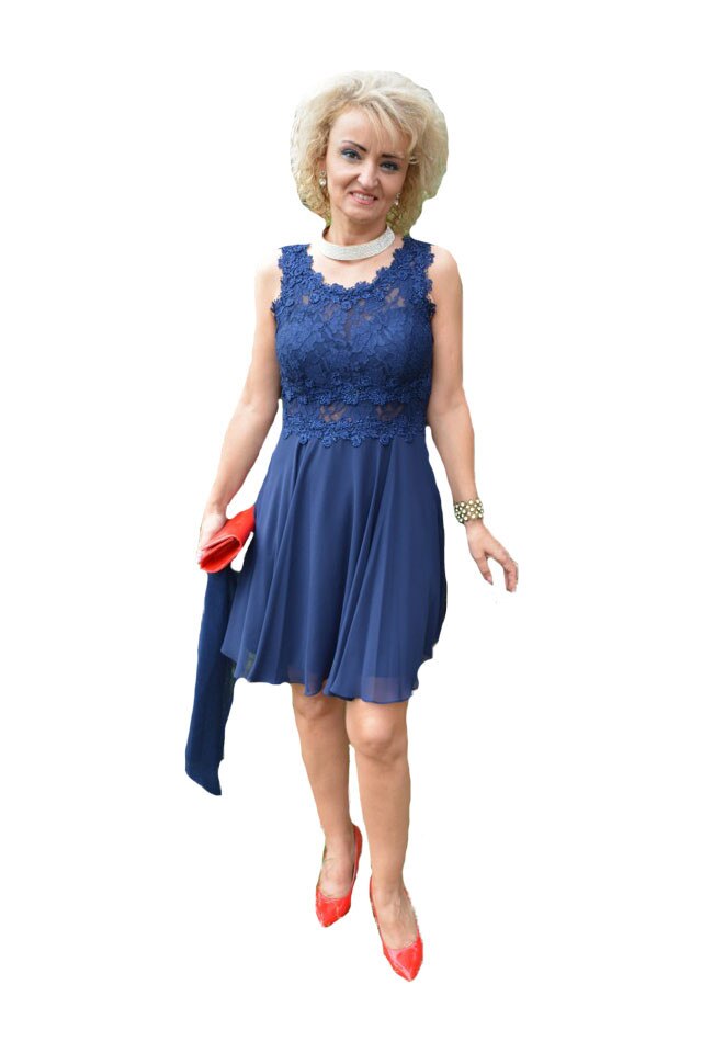 Rochie evazata de seara,dantela si tul stratificat, D&J Exclusive, Bleumarin
