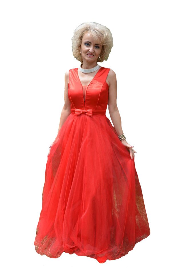 Rochie lunga de seara din tul cu interior satinat, D&J Exclusive, Rosu