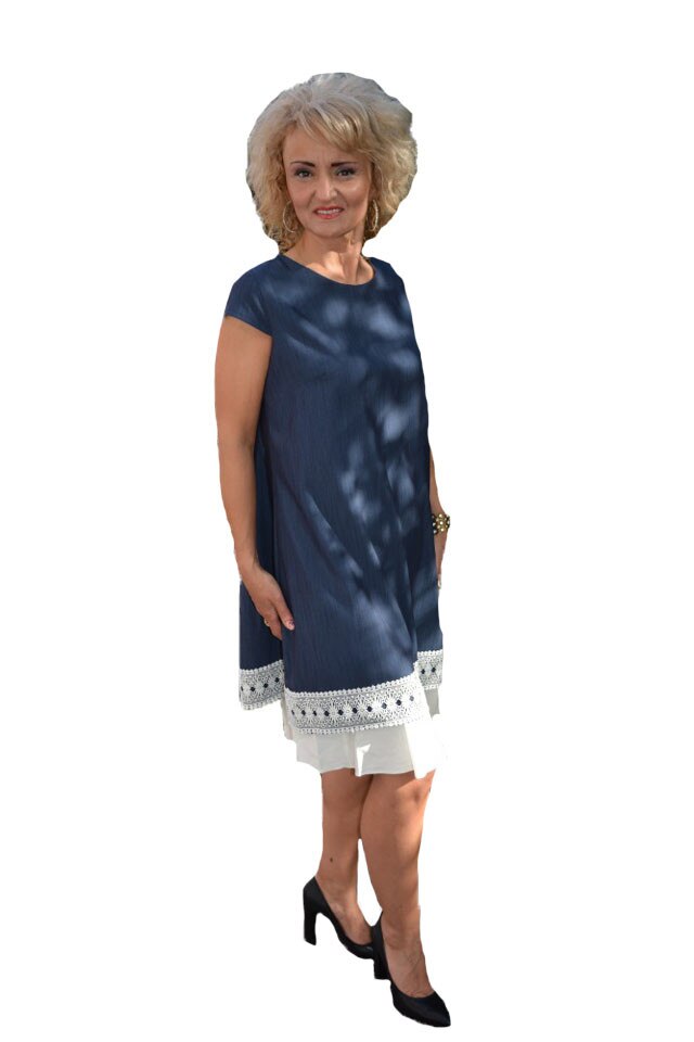 Rochie cu decor dantelat si crapatura in spate, D&J Exclusive, Bleumarin-Alb