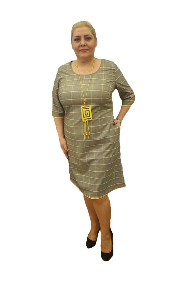 Rochie lejera de lungime medie cu buzunare si design de carouri, D&J Exclusive, Gri