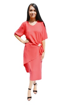 Rochie eleganta fancy cu accesoriu stralucitor, D&J Exclusive, Corai, 48 Rochie eleganta fancy cu accesoriu stralucitor, D&J Exclusive, Corai, 48