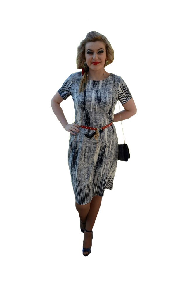 Rochie casual,material fin cu imprimeu, D&J Exclusive, Bleumarin-Alb