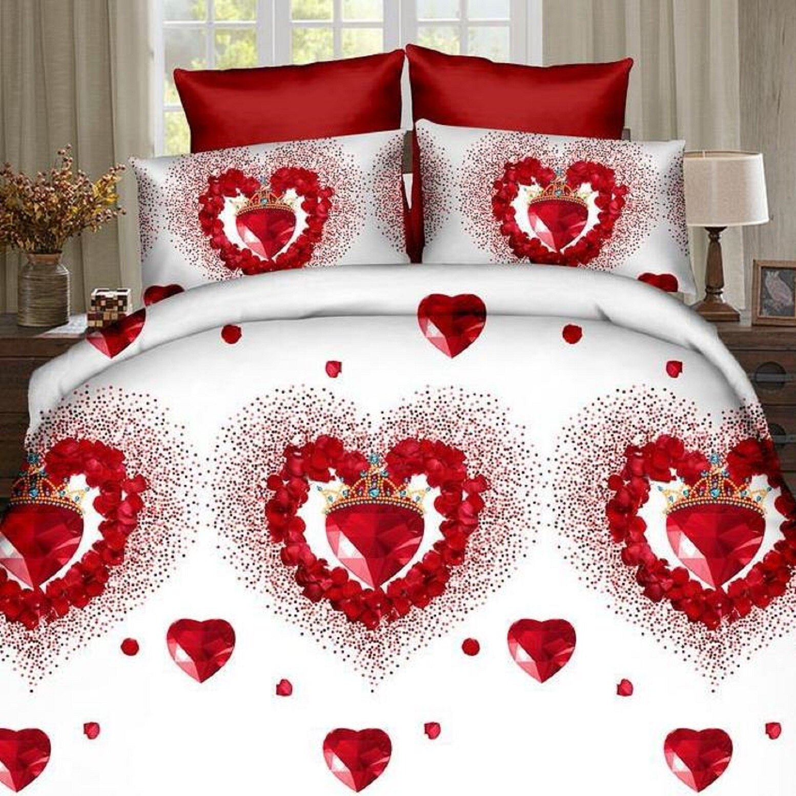 Lenjerie de pat, 3D 2 persoane, 4 piese, bumbac satinat, alb, model AX092