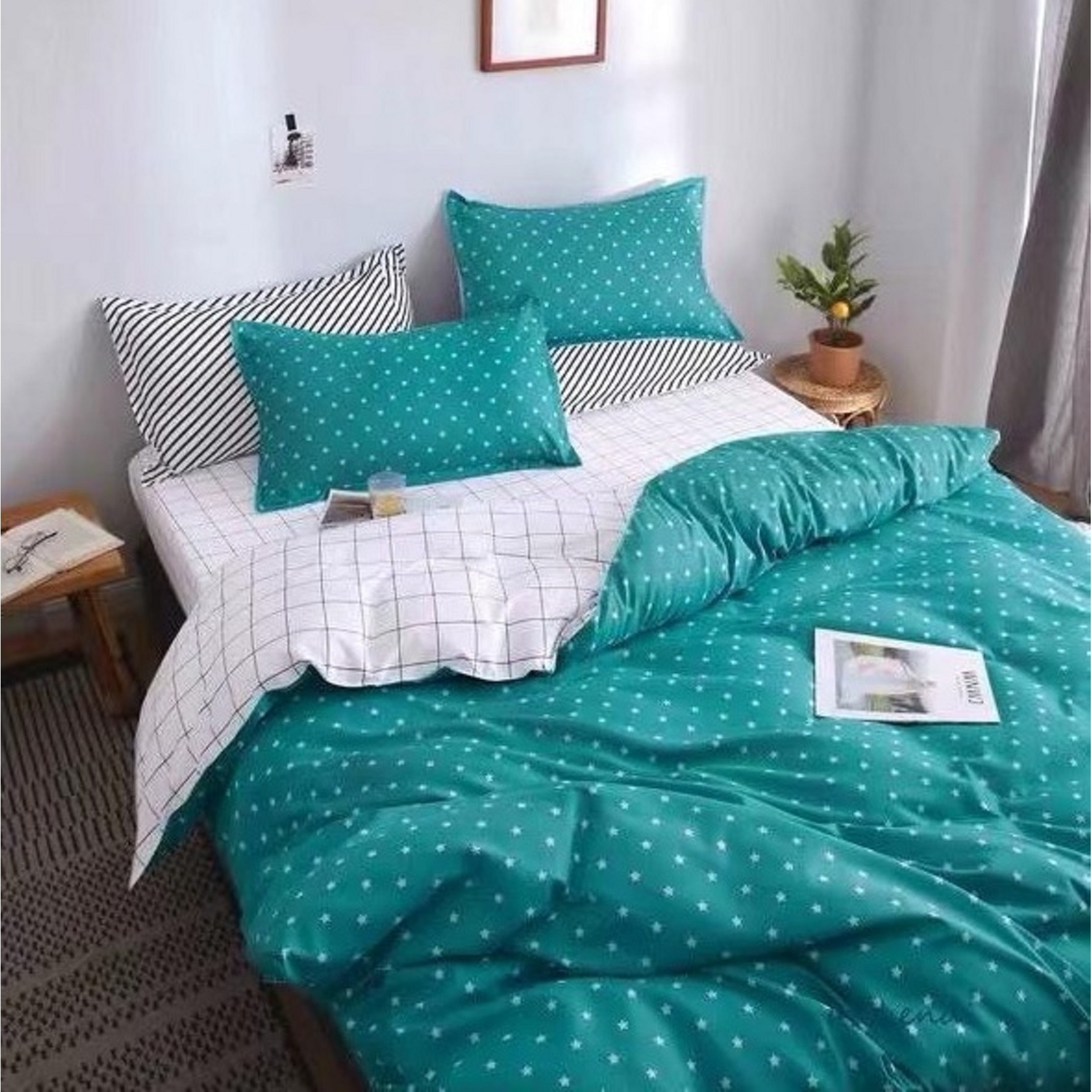 Lenjerie de pat 2 persoane, 4 piese, bumbac satinat verde JN202