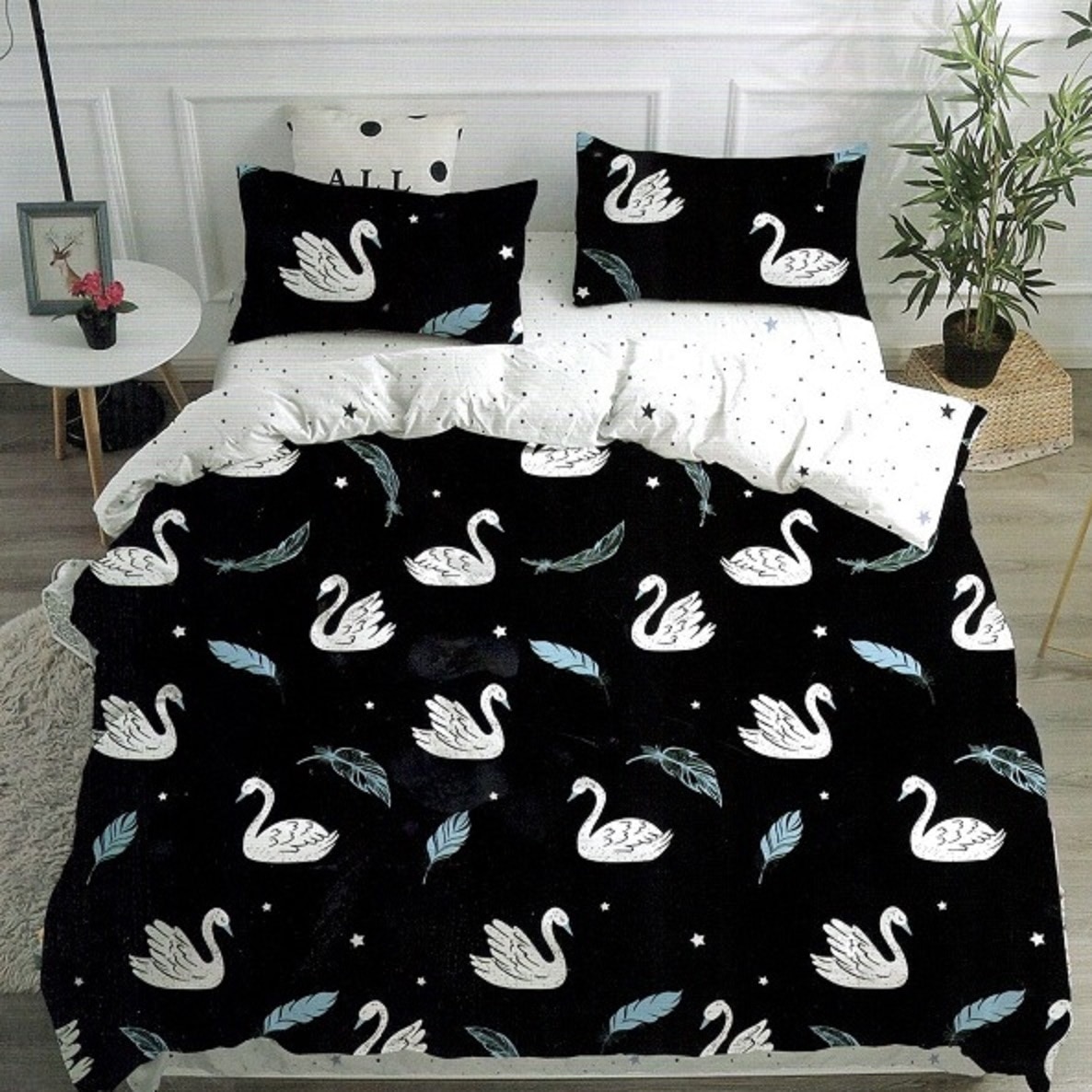 Lenjerie de pat, pentru 2 persoane, 4 piese, bumbac satinat, negru model AX087