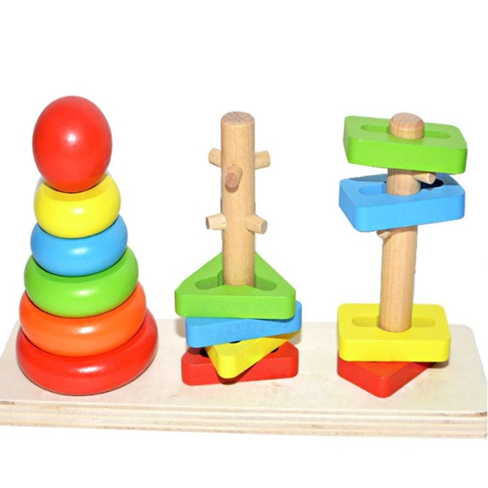 Coloane sortator diferit motric curcubeu, din lemn tip Montessori