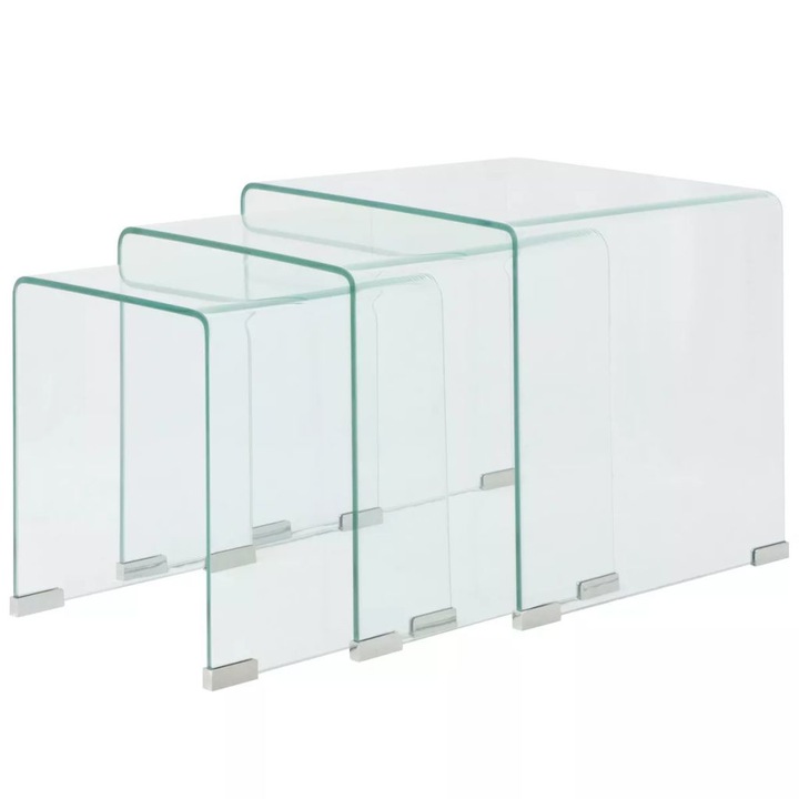 Set de 3 masute de cafea din sticla transparenta securizata, vidaXL, Transparent, 42 x 42 x 41.5 cm