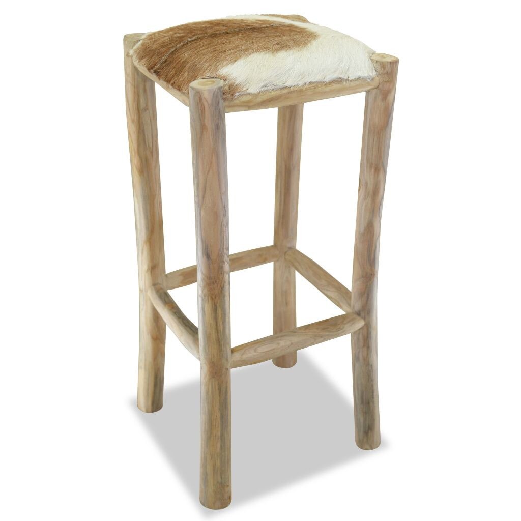 Scaun de bar, vidaXL, Lemn de tec si piele naturala, Multicolor, 35 x 35 x 76 cm