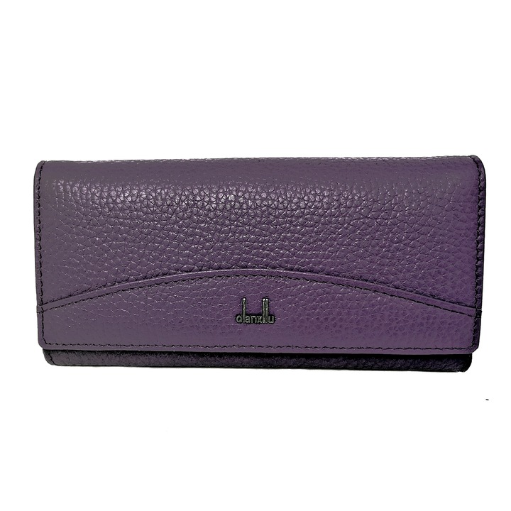 Portofel dama, din piele naturala, Qianxilu, mov inchis, 3 zone bancnote si clips 18 x 9