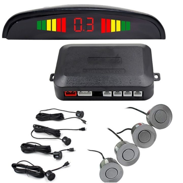 Set Senzori Parcare Auto Detector Parktronic Display Radar Monitor 4 Senzori GRI Inchis