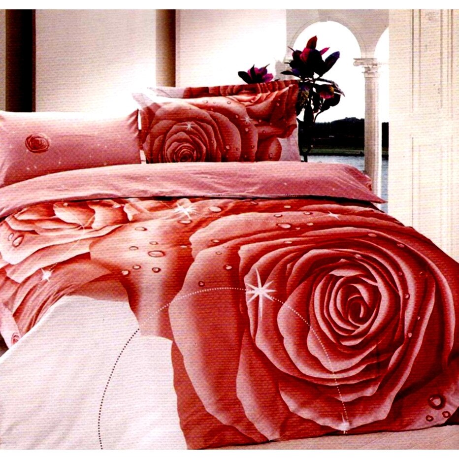 Lenjerie de pat de lux 1 persoana model cu trandafir roz
