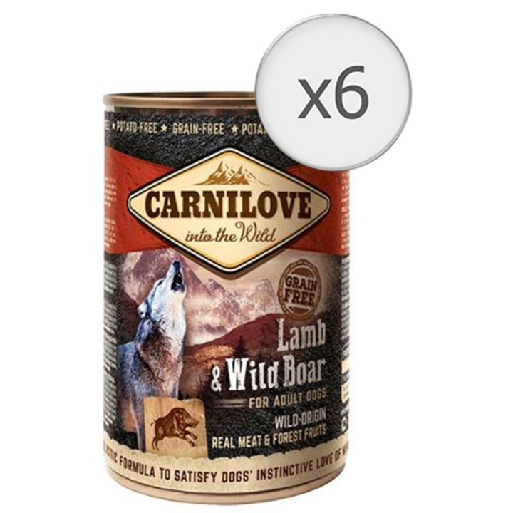 Hrana umeda pentru caini Carnilove Wild Meat, Miel & Porc mistret, 6x400g