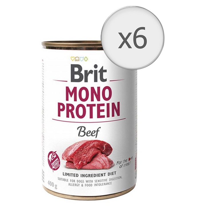Hrana umeda pentru caini Brit Mono Protein, Vita, 6x400g