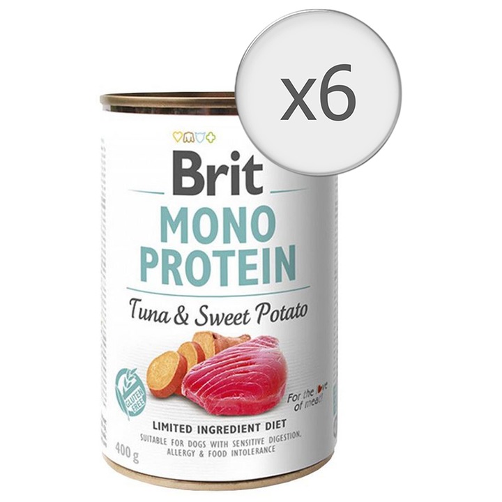 Hrana umeda pentru caini Brit Mono Protein, Ton & Cartofi dulci, 6x400g