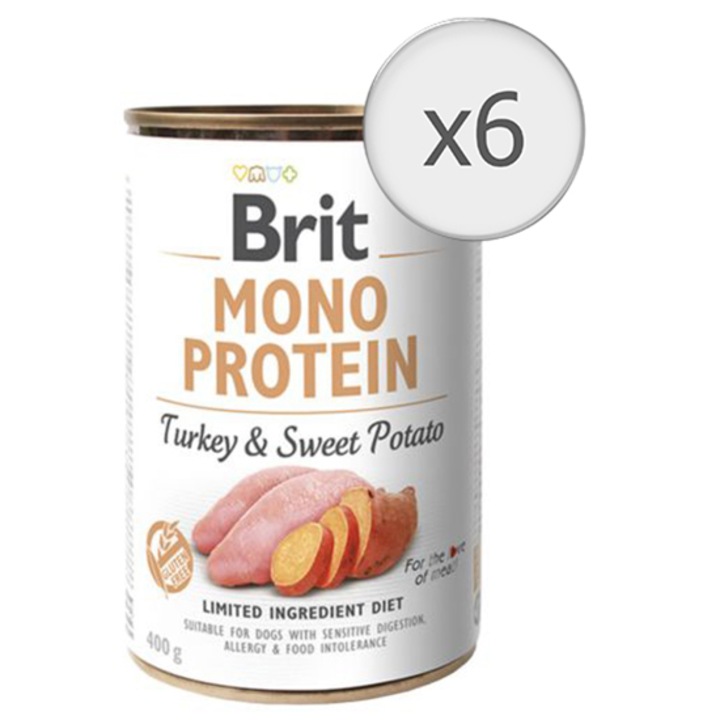 Мокра храна за кучета Brit Mono Protein, Пуешко & Сладки картофи, 6 броя x 400 гр