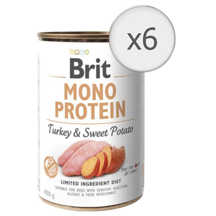 Hrana umeda pentru caini Brit Mono Protein, Curcan & Cartofi dulci, 6x400g