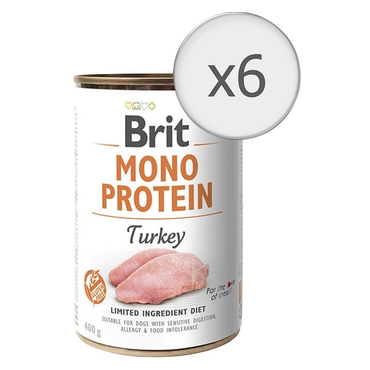 Мокра храна за кучета Brit Mono Protein, Пуешко, 6 бр x 400 гр