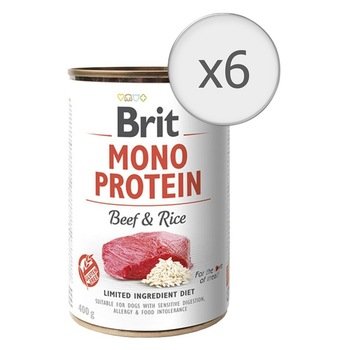 Hrana umeda pentru caini Brit Mono Protein, Vita & Orez brun, 6x400g