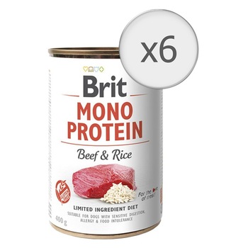 Hrana umeda pentru caini Brit Mono Protein, Vita & Orez brun, 6x400g Hrana umeda pentru caini Brit Mono Protein, Vita & Orez brun, 6x400g