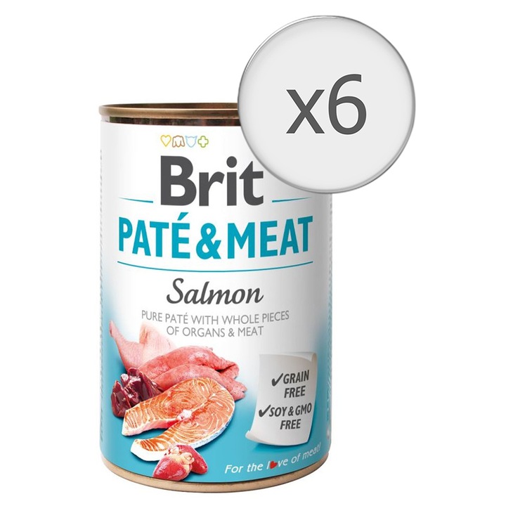 Hrana umeda pentru caini Brit Pate & Meat, Somon, 6x400g