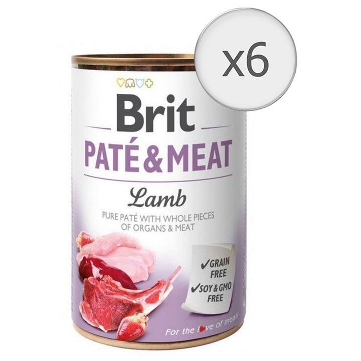 Hrana umeda pentru caini Brit Pate & Meat, Miel, 6x400g