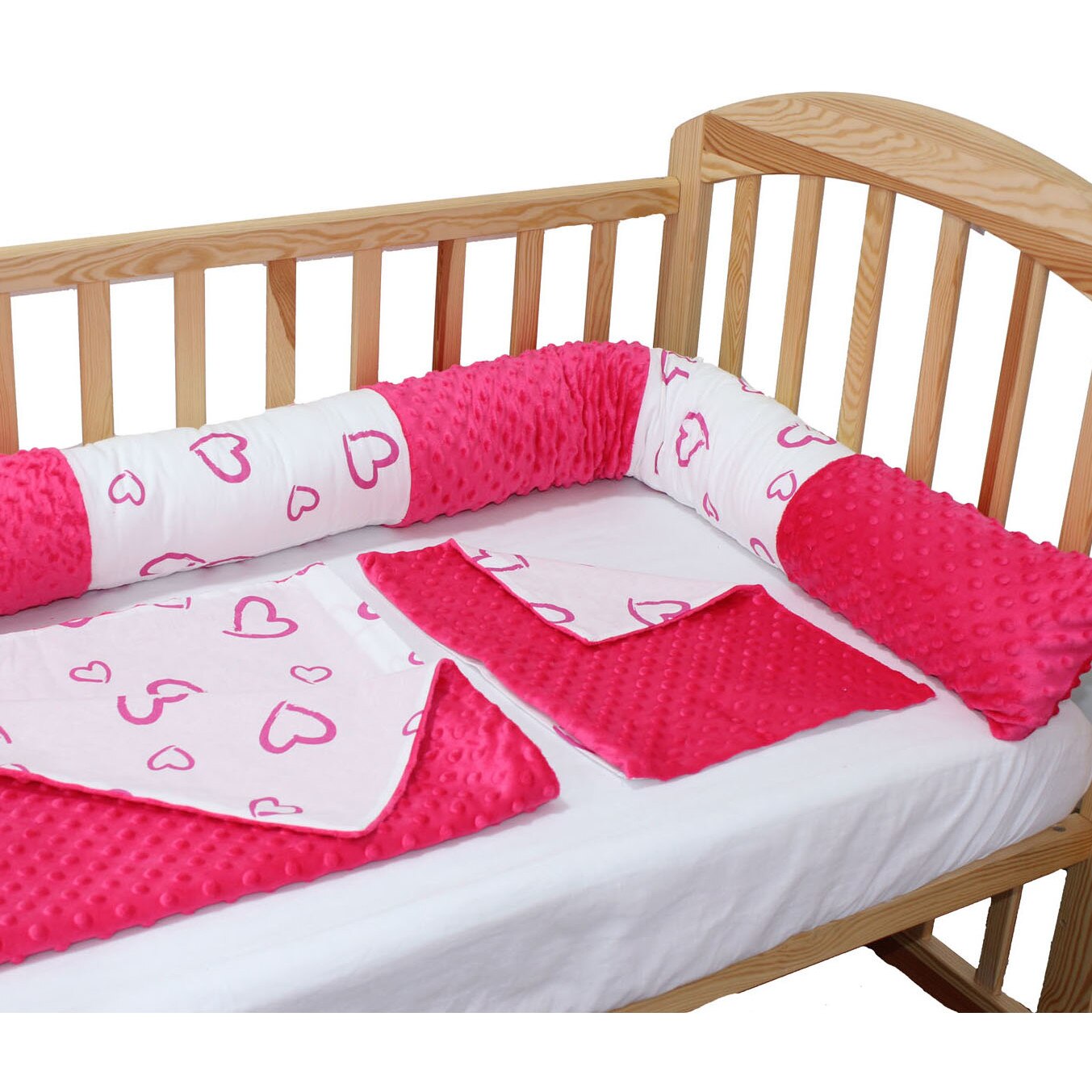 Lenjerie 5 piese, cu bumper, roz inchis, inimioare, 120 x 60 cm