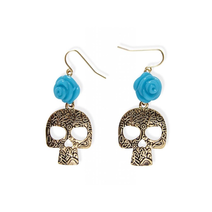 Koponyás fülbevaló világoskék rózsával