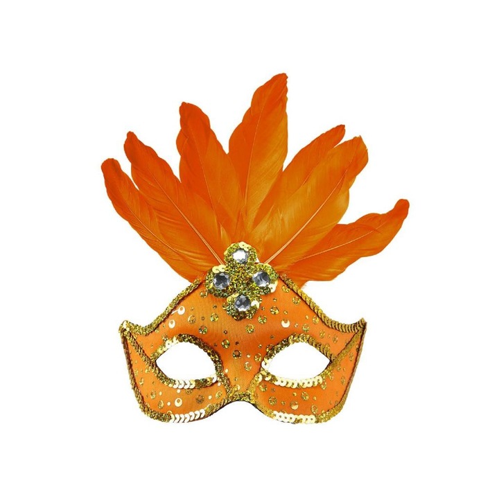 Masca de ochi de carnaval, Plastic/Textil, cu paiete si decor cu pene, Auriu/Portocaliu