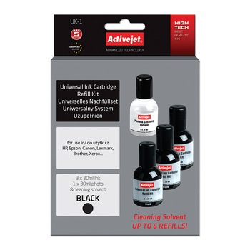 Kit universal de refill cerneala Black, Premium Activejet, Garantie 5 ani Kit universal de refill cerneala Black, Premium Activejet, Garantie 5 ani