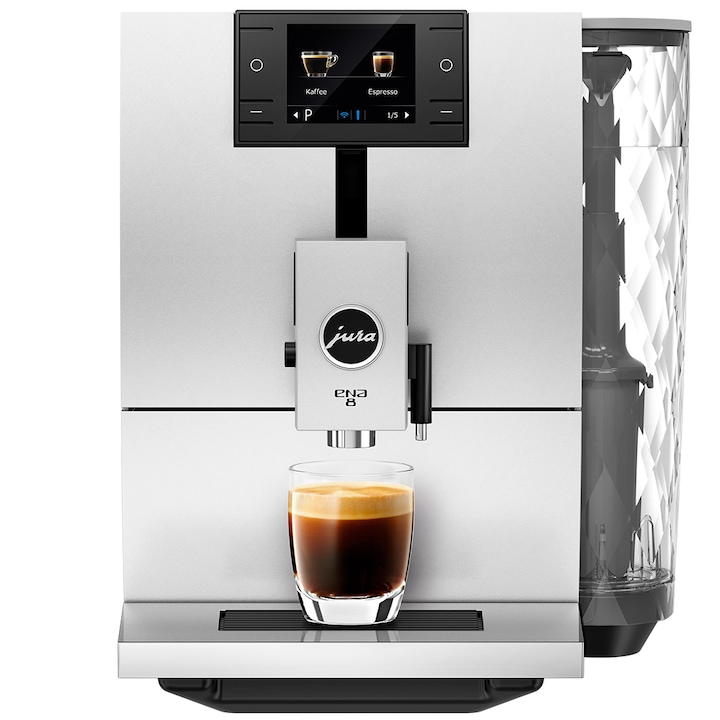 Jura ENA8 Automata eszpresszó kávéfőző, 15 bar, 1,1 l, 125 g, AromaG3 daráló, 10 One Touch különlegesség, színes kijelző, Fehér