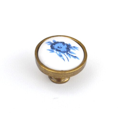 Buton pentru mobilier cu insertie ceramica floare albastra finisaj auriu antichizat