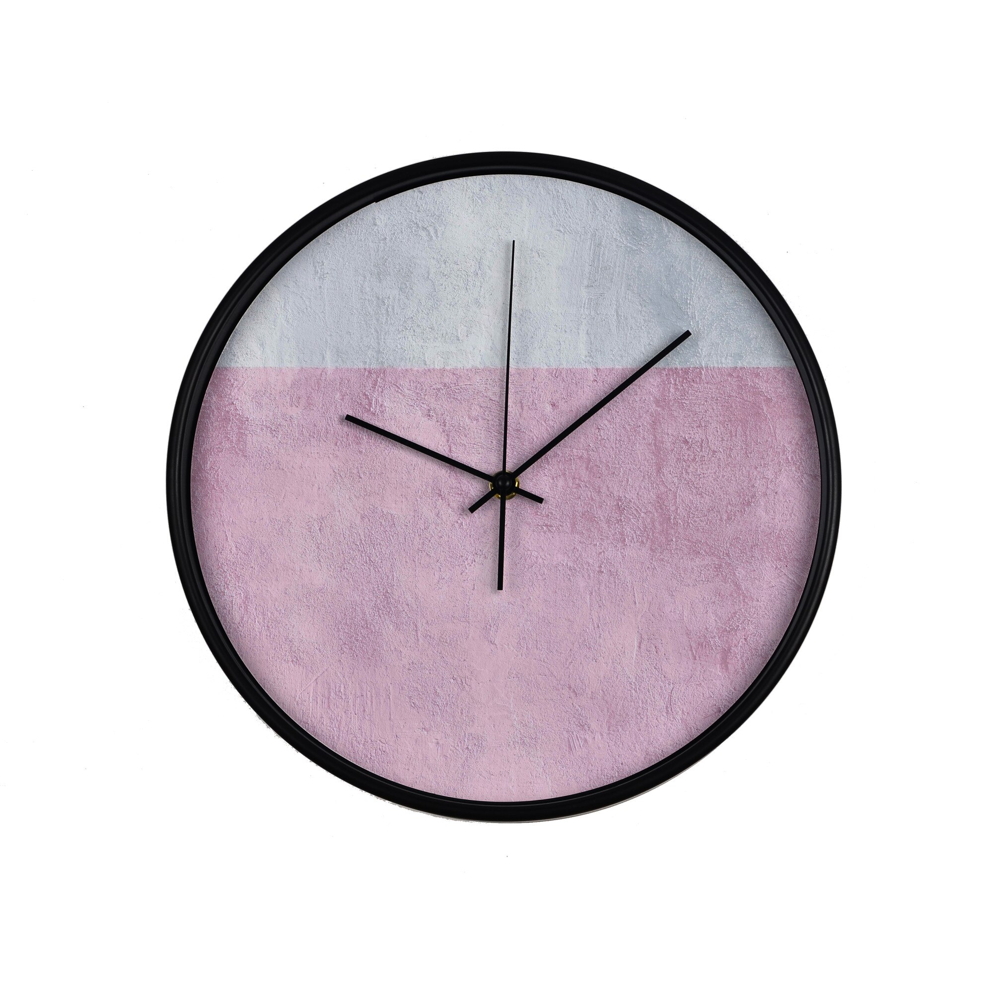 Ceas perete, produs DekoStore, pentru birou, living sau showroom, cu mecanism silentios, Tencuiala decorativa alb si roz, diametru 30 cm, rama neagra din plastic