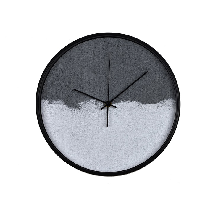 Ceas perete, produs DekoStore, pentru birou, living sau showroom, cu mecanism silentios, Model tencuiala perete in doua culori, diametru 30 cm, rama neagra din plastic