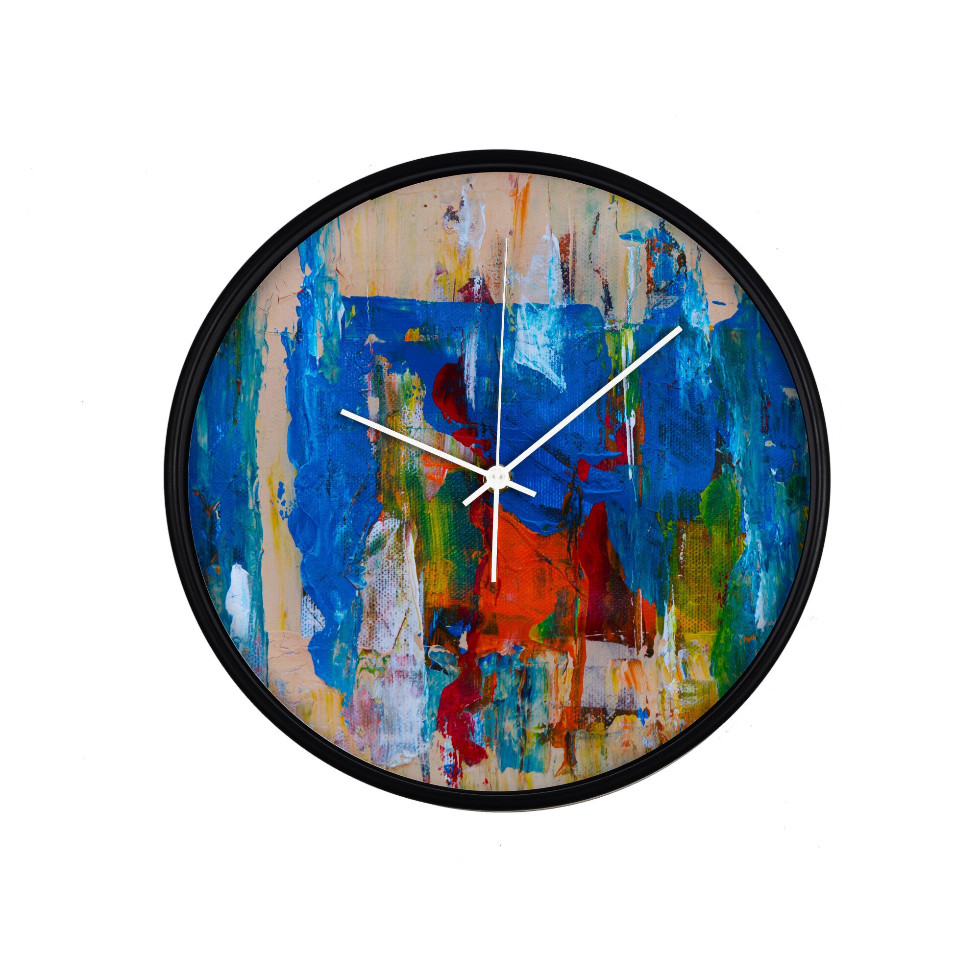 Ceas perete, produs DekoStore, pentru birou, living sau showroom, cu mecanism silentios, Perete colorat, diametru 30 cm, rama neagra din plastic