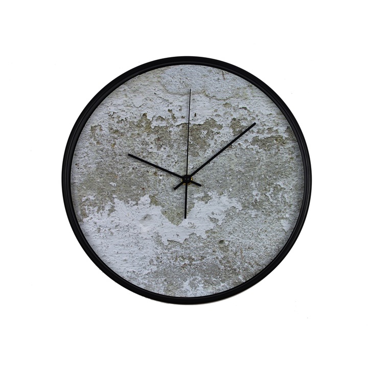 Ceas perete, produs DekoStore, pentru birou, living sau showroom, cu mecanism silentios, Perete vechi decojit, diametru 30 cm, rama neagra din plastic