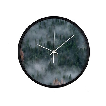 Ceas perete, produs DekoStore, pentru birou, living sau showroom, cu mecanism silentios, Padure de brazi in ceata, diametru 30 cm, rama neagra din plastic Ceas perete, produs DekoStore, pentru birou, living sau showroom, cu mecanism silentios, Padure de brazi in ceata, diametru 30 cm, rama neagra din plastic