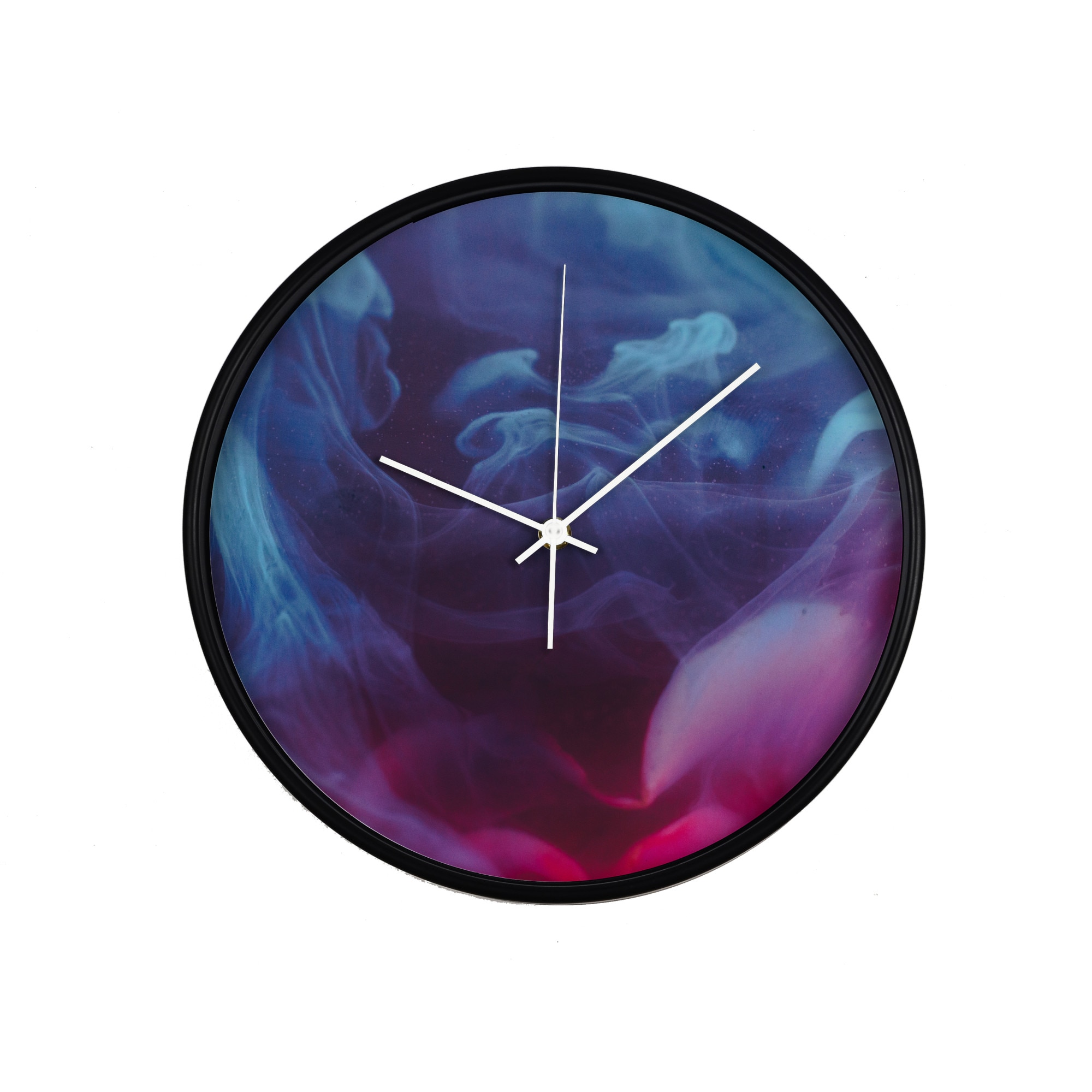 Ceas perete, produs DekoStore, pentru birou, living sau showroom, cu mecanism silentios, Nori de fum, diametru 30 cm, rama neagra din plastic